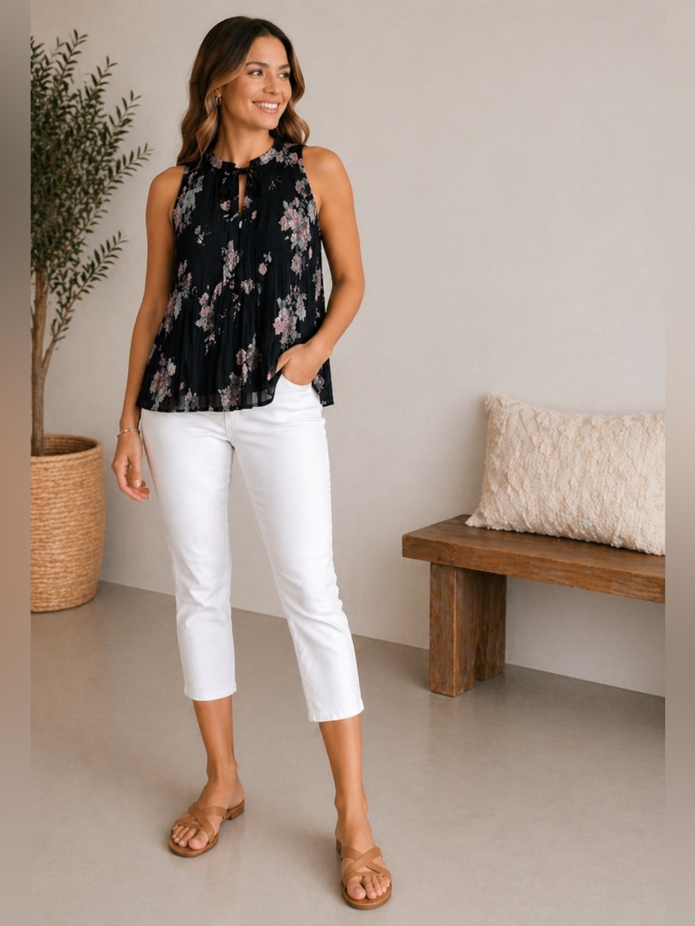 Maurices Black Floral Pleated Blouse Tie Neck Sleeveless Top Flowy Boho Size S